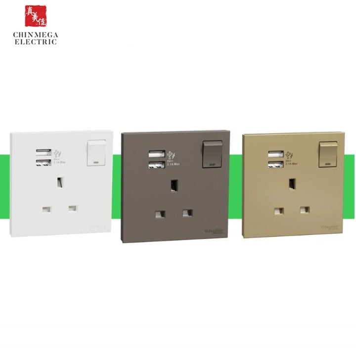 Schneider AvatarOn C 13A Single Socket with USB (White/Dark Grey/Wine Gold)