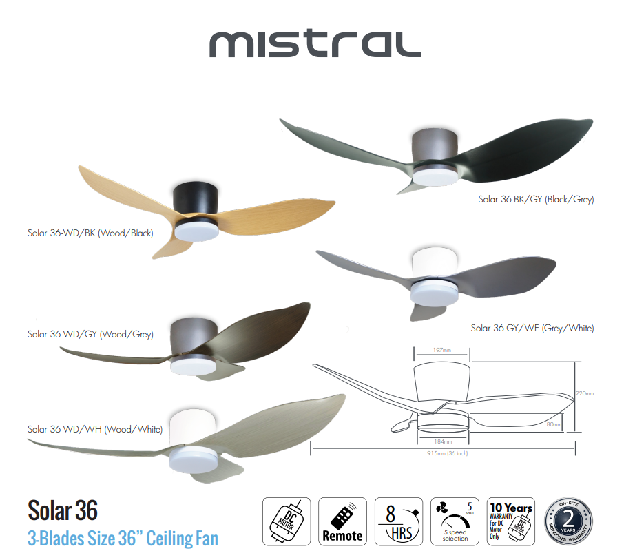 Mistral Solar 36" DC Motor Ceiling Fan Hugger Series / 24w Tri-Tone Lamp