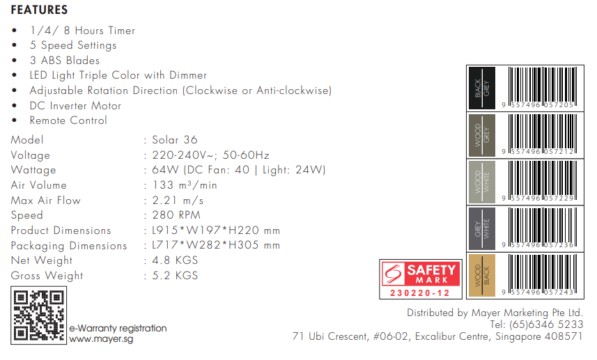 Mistral Solar 36" DC Motor Ceiling Fan Hugger Series / 24w Tri-Tone Lamp