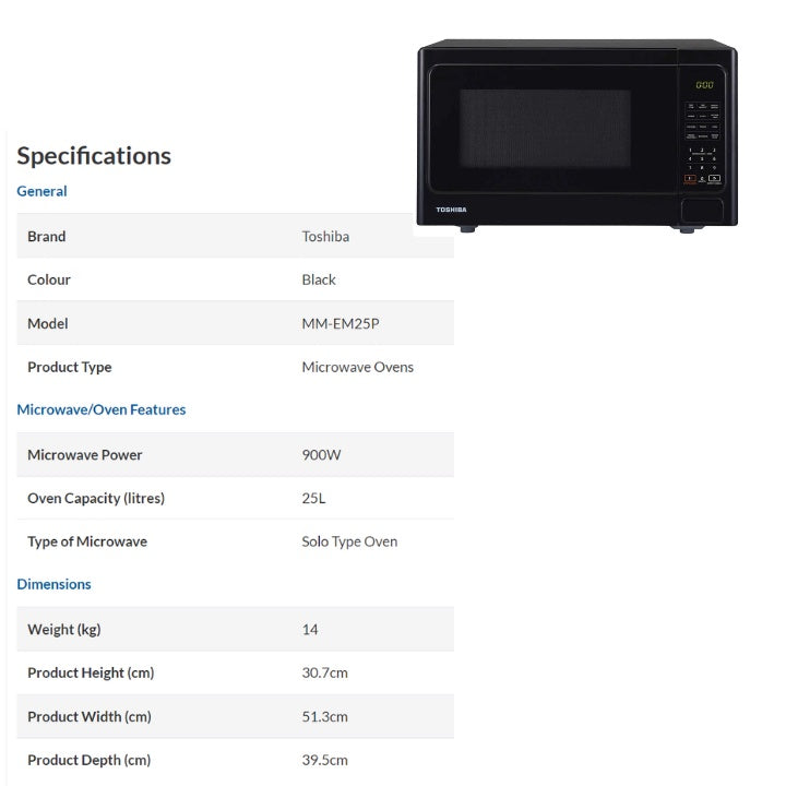 Toshiba MM-MM20P 20L / MM-EM25P 25L Solo Microwave Oven