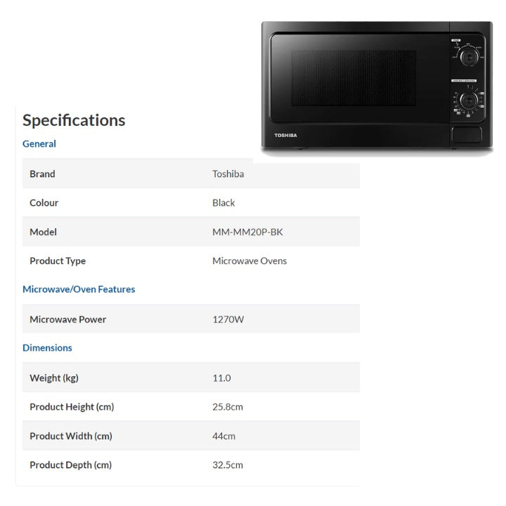 Toshiba MM-MM20P 20L / MM-EM25P 25L Solo Microwave Oven