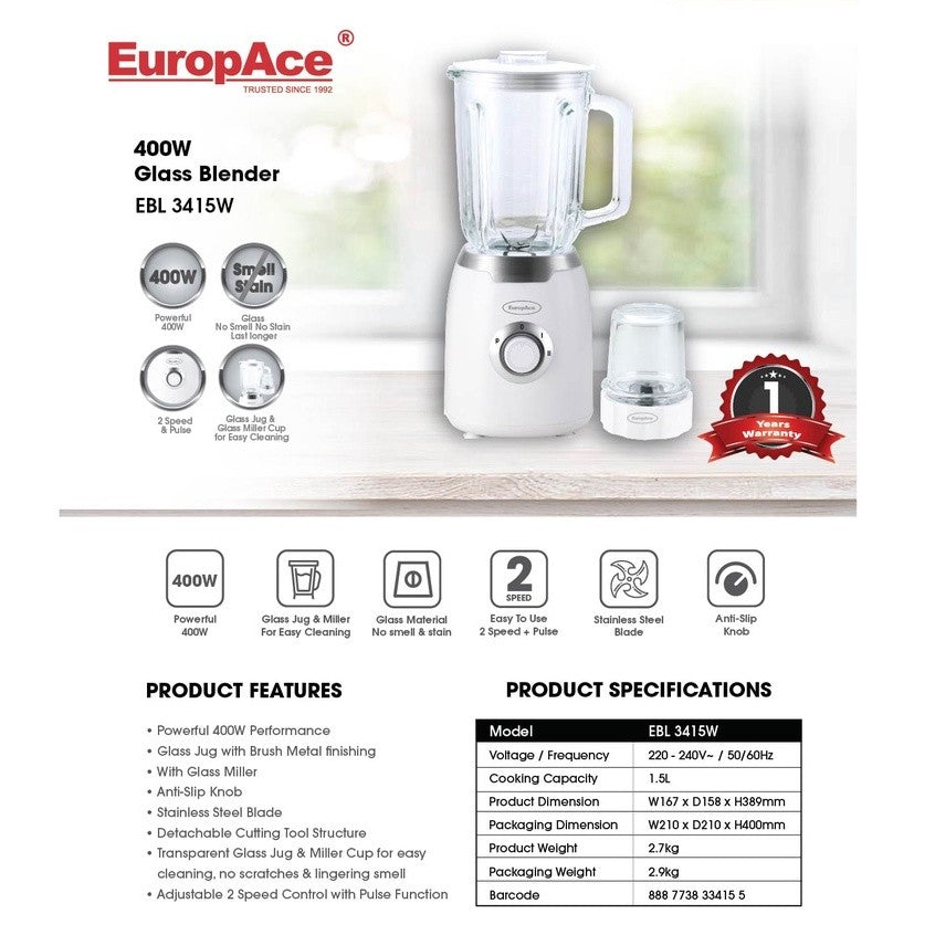 Europace 1.5L Glass Blender EBL3415W With brush metal finishing