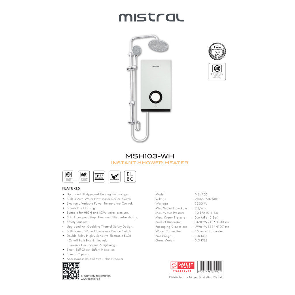 Mistral DC Pump Instant Water Heater with Rain Shower | MSH103