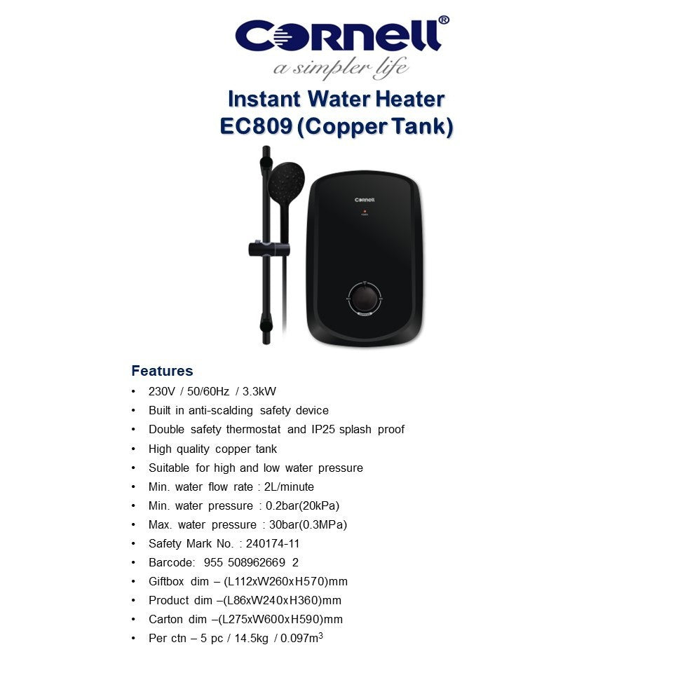 Cornell EC808 (Polymer Tank) / EC809 (Copper Tank) Instant Water Heater