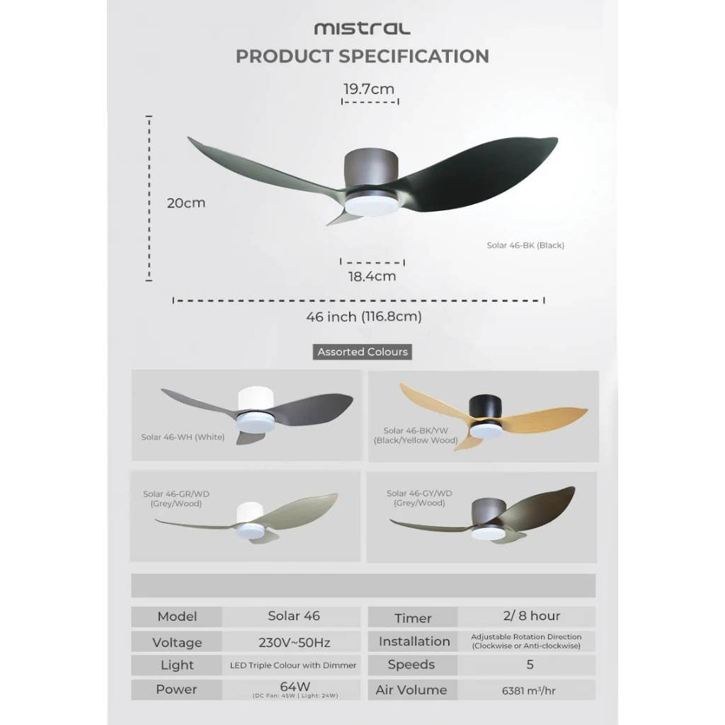 Mistral Solar 46" DC Motor Ceiling Fan Hugger Series / 24w Tri-Tone Lamp