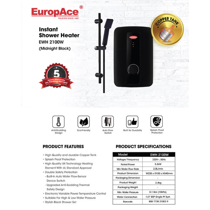 EuropAce Instant Shower Heater EWH 2100W