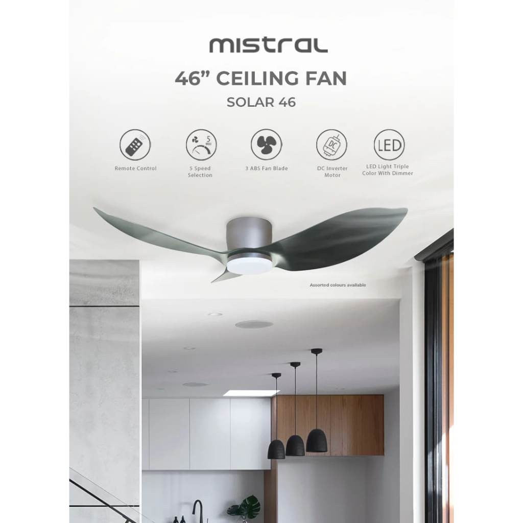 Mistral Solar 46" DC Motor Ceiling Fan Hugger Series / 24w Tri-Tone Lamp