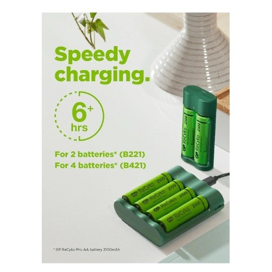 GP Recyko 4 slot USB Charger B421 with 4x AA 2100mAh NiMH Batteries