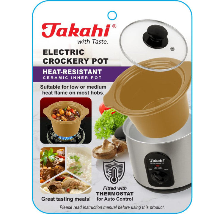 Takahi Electric Crockery Pot 1.5L with heat-resistant ceramic pot, auto setting