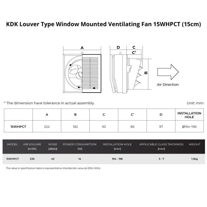 KDK 15cm/20cm Louver Type Window Mounted Ventilating Fan 15WHPCT/20WHCT (Enquire for Installation)