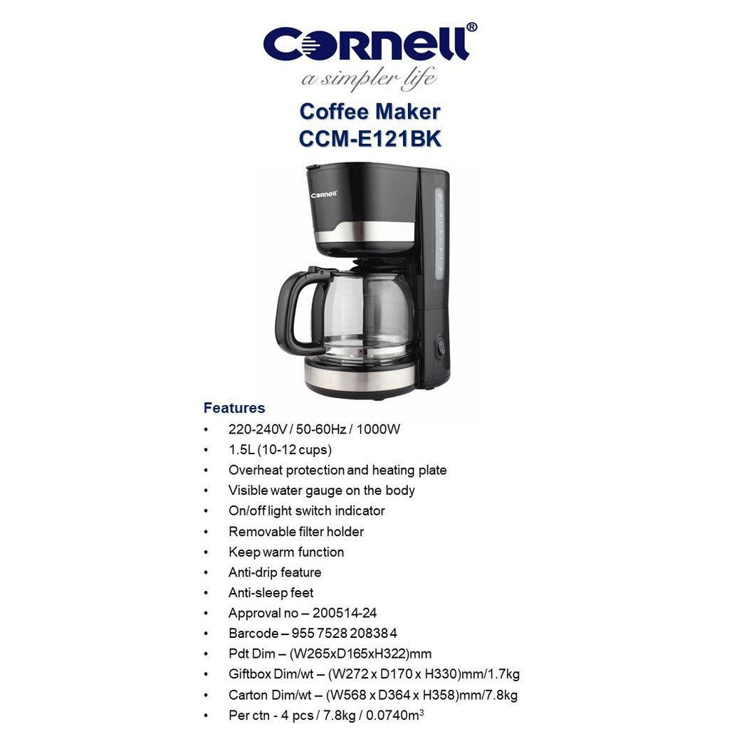 Cornell Coffee Maker 1.5L Coffee Machine CCM121BK