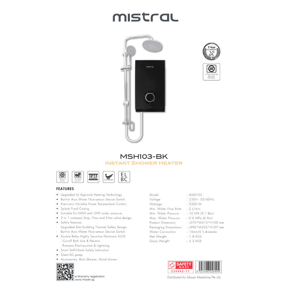 Mistral DC Pump Instant Water Heater with Rain Shower | MSH103
