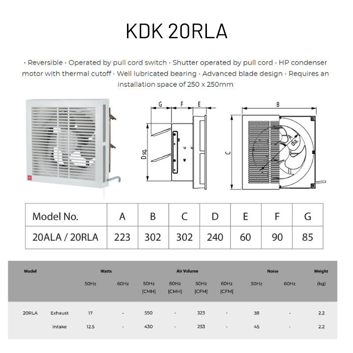 KDK 2-Way Reversible Wall Mounted Exhaust Ventilating Fan with Louver KDK 20RLA / 25RLA / 30RLA (Enquire for installation)