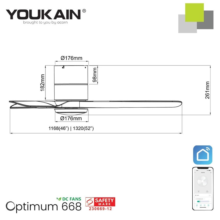 Youkain Optimum YJ-668H Hugger Flush Mount Smart DC Motor Ceiling Fan 36" / 46" / 52" w 24W LED Tri-Color Light*