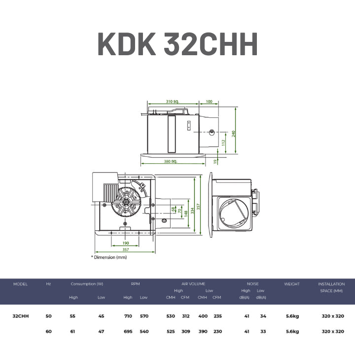 KDK Ceiling Mount Ventilating Exhaust Fan Steel Type with 2 Speed Motor 24CHH / 27CHH/ 32CHH (Enquire for installation)