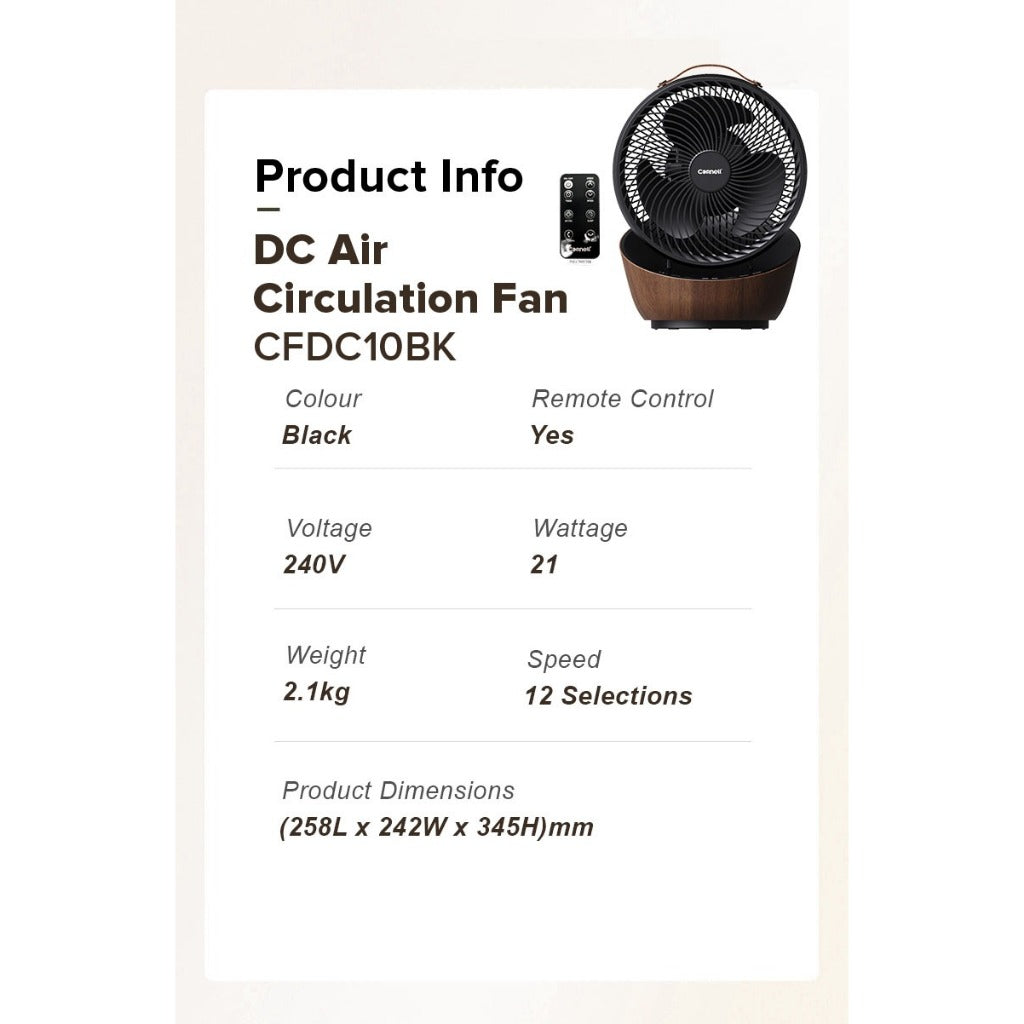 Cornell CFDC10BK DC Motor 10 Inch Air Circulation Fan With Remote