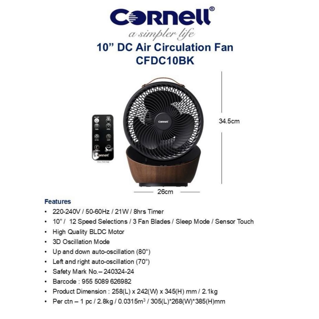 Cornell CFDC10BK DC Motor 10 Inch Air Circulation Fan With Remote