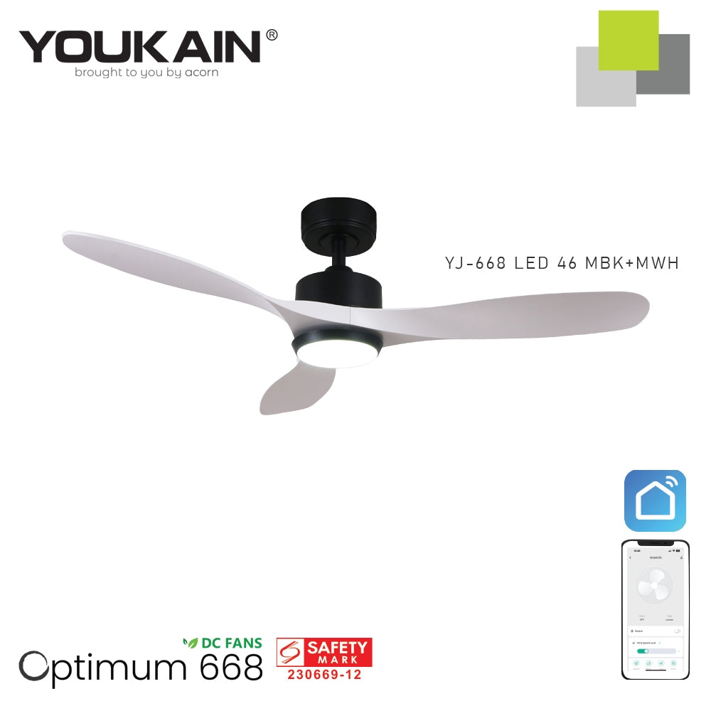 Youkain Optimum YJ-668 Downrod System Smart DC Motor Ceiling Fan 36" / 46" / 52" w 24W LED Tri-Color Light*