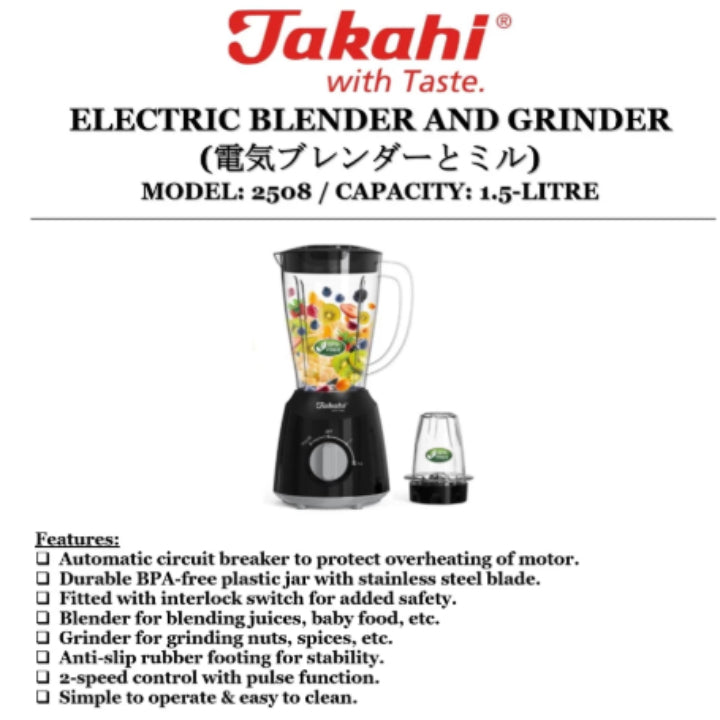 TAKAHI Electric Blender and Grinder 1.5L Model 2508