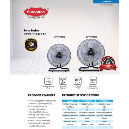 EuropAce 18"/ 20" Twin Turbo Power Floor Fan EPF 2183U/ EPF 2203U