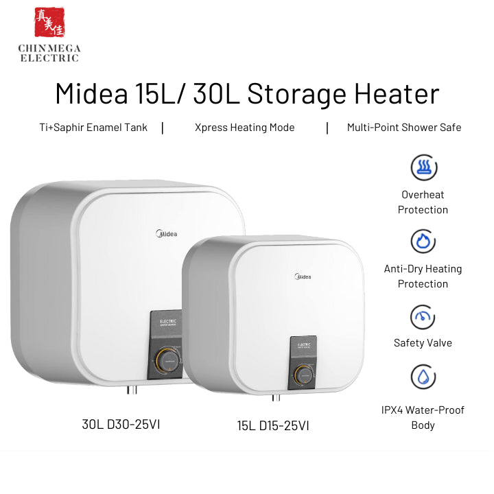 Midea 15L/ 30L Electric White Storage Heater (D15-25VI/ D30-25VI) // 1 Year Local Warranty