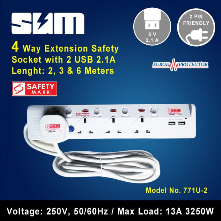 SUM White / Black 4 Way Extension Socket with 2 USB, Surge Protector with Safety Mark (2, 3, 6 meters)