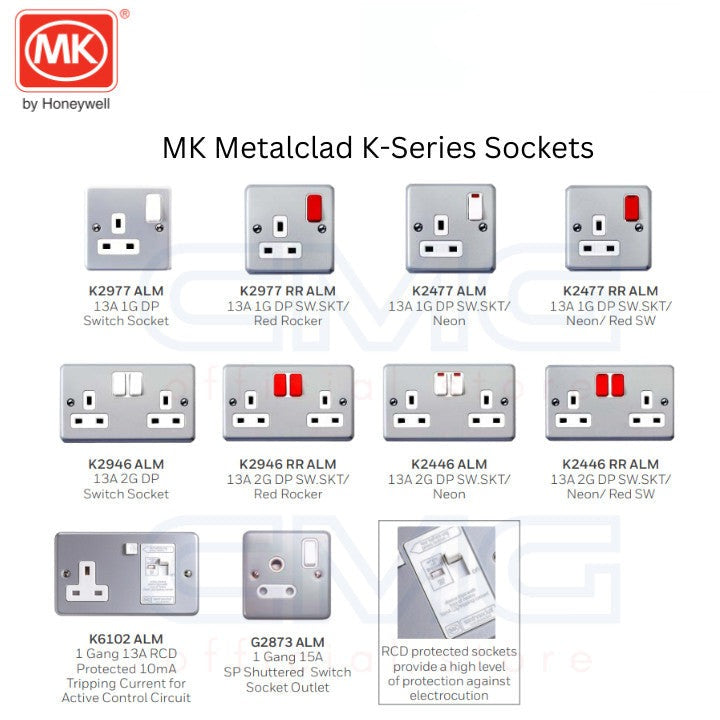 MK Metalclad K-Series 13A Shuttered Heavy Duty Metal Sockets | 1 Gang/ 2 Gang Double Pole Sockets with Box