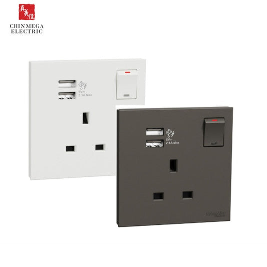 Schneider AvatarOn C 13A 1 Gang Switch with 2.1A 2 Port USB (White/Grey)