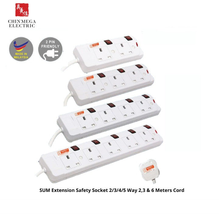 SUM Extension Safety Socket 2/3/4/5 Way 2,3 & 6 Meters Cord