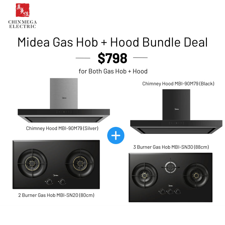 [ Bundle Deal! ] Midea Kitchen 2 Burner 80/88cm Gas Hob (TG/LPG) + Chimney Hood 90cm (Black/Silver)