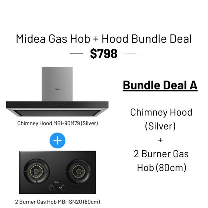 [ Bundle Deal! ] Midea Kitchen 2 Burner 80/88cm Gas Hob (TG/LPG) + Chimney Hood 90cm (Black/Silver)