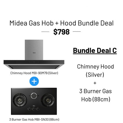 [ Bundle Deal! ] Midea Kitchen 2 Burner 80/88cm Gas Hob (TG/LPG) + Chimney Hood 90cm (Black/Silver)