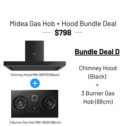 [ Bundle Deal! ] Midea Kitchen 2 Burner 80/88cm Gas Hob (TG/LPG) + Chimney Hood 90cm (Black/Silver)