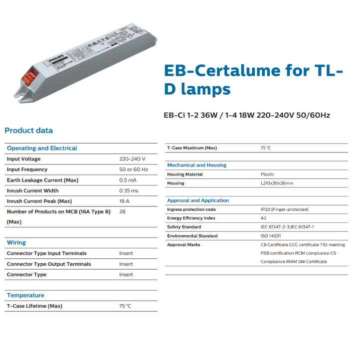 Philips Electronic Ballast EB-Ci 1-2 14-28W for TL5 Lamps | EB-Ci 1-2 36W / 1-4 18W for TL-D Lamps