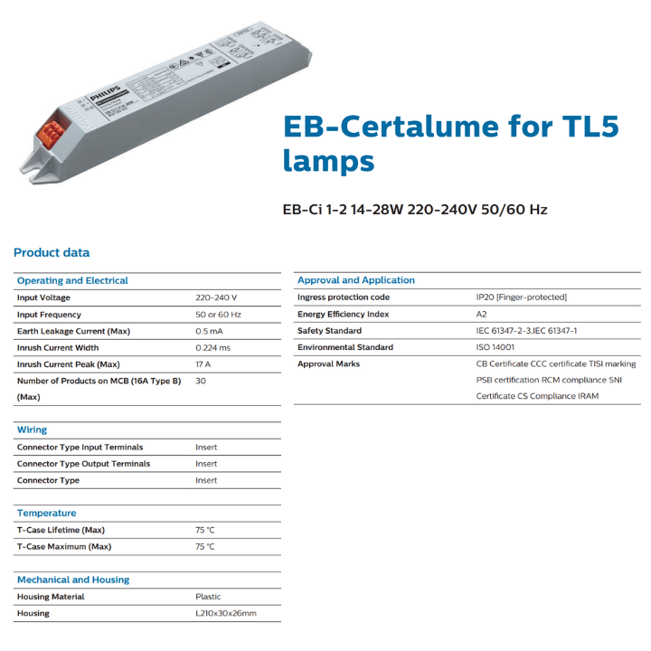 Philips Electronic Ballast EB-Ci 1-2 14-28W for TL5 Lamps | EB-Ci 1-2 36W / 1-4 18W for TL-D Lamps