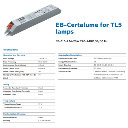 Philips Electronic Ballast EB-Ci 1-2 14-28W for TL5 Lamps | EB-Ci 1-2 36W / 1-4 18W for TL-D Lamps