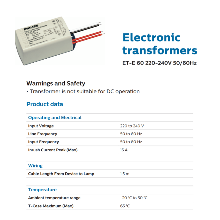 Philips Electronic Transformer (ET-E 10W LED 220V-240V / ET-E 60 220-240V 50/60Hz)