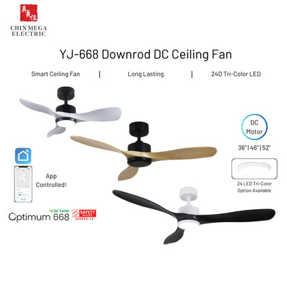 Youkain Optimum YJ-668 Downrod System Smart DC Motor Ceiling Fan 36" / 46" / 52" w 24W LED Tri-Color Light*