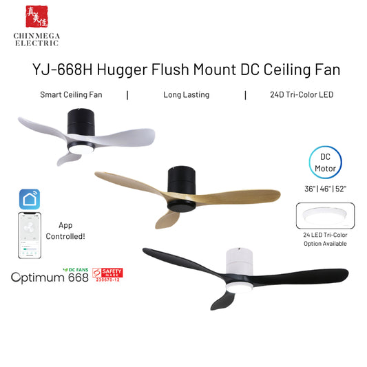 Youkain Optimum YJ-668H Hugger Flush Mount Smart DC Motor Ceiling Fan 36" / 46" / 52" w 24W LED Tri-Color Light*