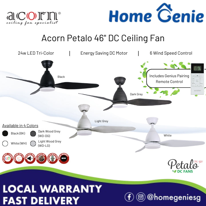 Acorn DC-325 Petalo 46" DC Motor Ceiling Fan with 18w LED Tri-Tone Lamp Remote Controlled