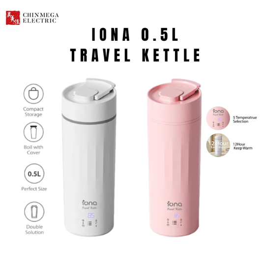 Iona 0.5L Travel Kettle Dual Voltage | Stainless Steel 6 Pre-Set Temperature