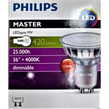 Philips Master LEDspot MV 4.9-50W 410 lumen 3000K Warm White / 5-50W 420 lumen 4000K Cool White GU10 Dimmable Spotlight