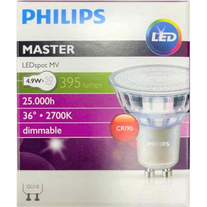 Philips Master LEDspot MV 4.9-50W 410 lumen 3000K Warm White / 5-50W 420 lumen 4000K Cool White GU10 Dimmable Spotlight