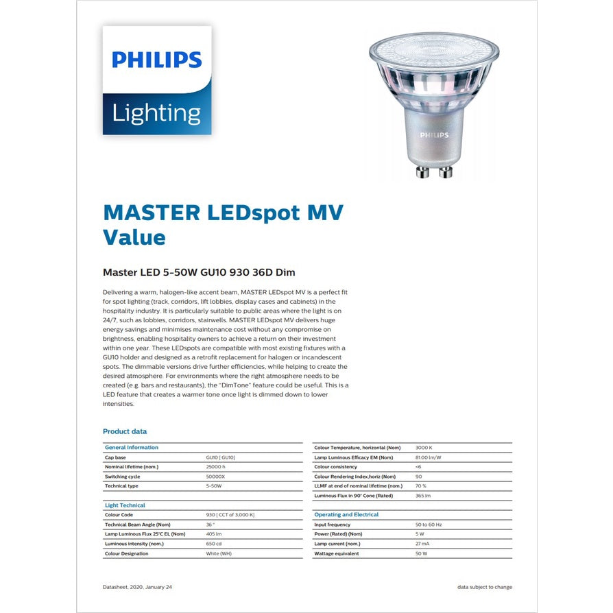 Philips Master LEDspot MV 4.9-50W 410 lumen 3000K Warm White / 5-50W 420 lumen 4000K Cool White GU10 Dimmable Spotlight