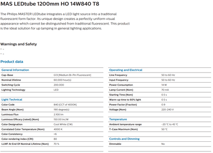 Philips Master LEDTUBE T8 1200MM HO 14W 840/865