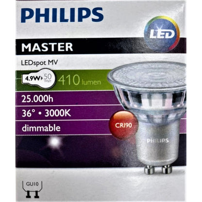 Philips Master LEDspot MV 4.9-50W 410 lumen 3000K Warm White / 5-50W 420 lumen 4000K Cool White GU10 Dimmable Spotlight