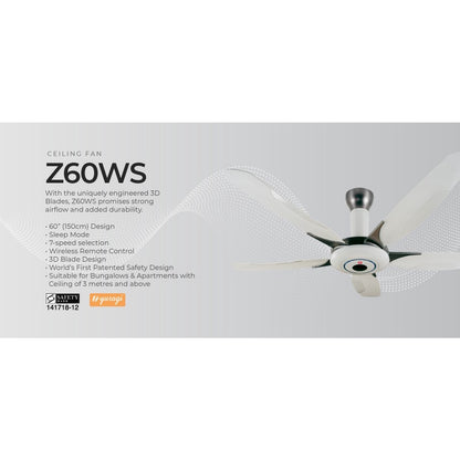 KDK 60" Ceiling Fan With Remote Control Z60WS *Suitable for Apartments with ceiling of 3 metres and above*