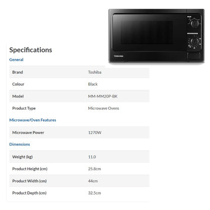 Toshiba MM-MM20P 20L / MM-EM25P 25L Solo Microwave Oven