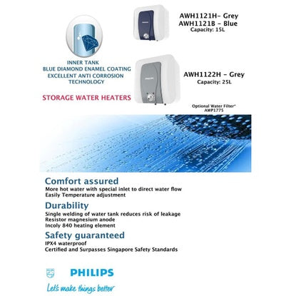 Philips Electric Storage Water Heater 15/25 Litres Matt Grey / Matt Blue (AWH1121H | AWH1122H) | Enquire for Installation