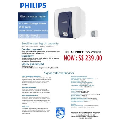 Philips Electric Storage Water Heater 15/25 Litres Matt Grey / Matt Blue (AWH1121H | AWH1122H) | Enquire for Installation